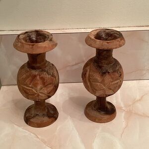 Vintage hand carved mango wood candlesticks pair floral leaf wood boho decor